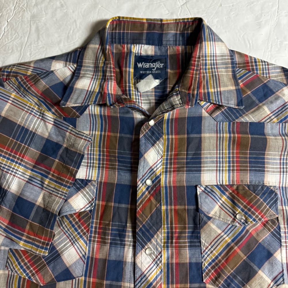 Wrangler Western Shirts Mens Blue Red Plaid‎ Short Sleeve Pearl Snap Shirt XL?